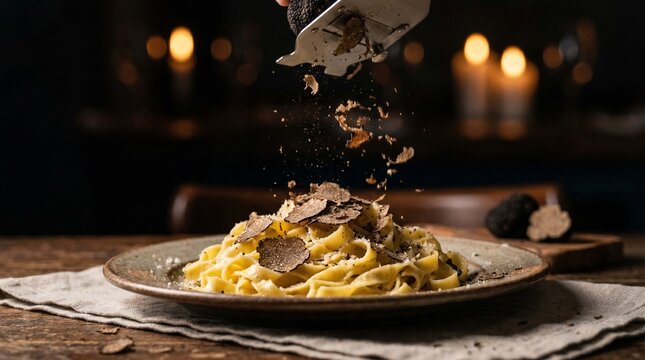 Chef shaves fresh black truffle over fettuccine pasta in dimly lit restaurant