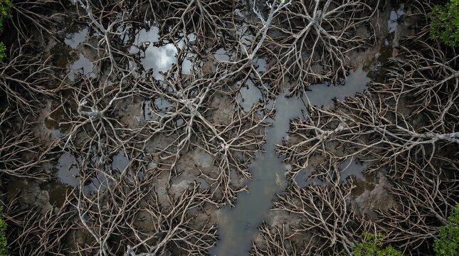 Aerial view of tangled mangrove roots in murky water and mud