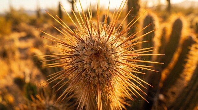 Close up of a spiky barrel cactus in the warm glow of sunset
