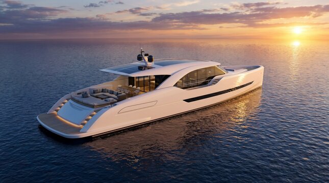 Modern white superyacht cruising on calm ocean at sunset with golden sun reflection