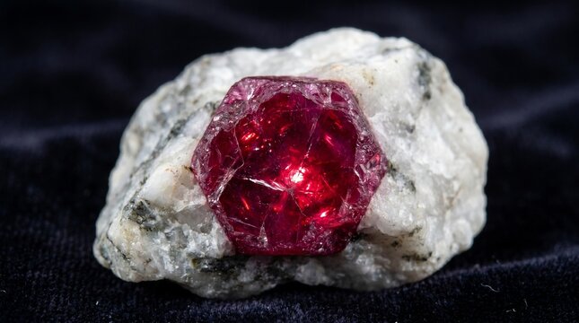 Raw hexagonal ruby crystal embedded in white granite rock