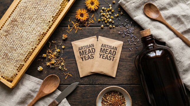 Artisan mead yeast packets with honeycomb and brewing ingredients on rustic wood