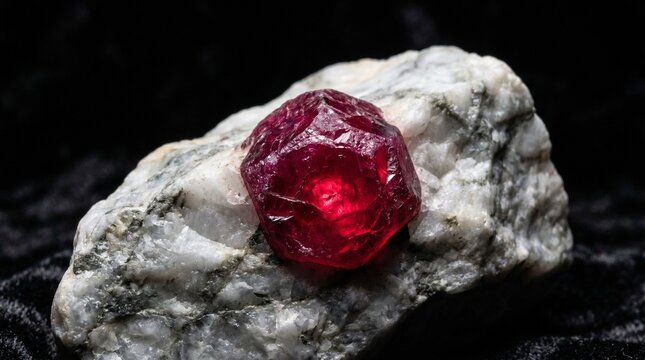 Raw deep red ruby gemstone on a rough white marble rock