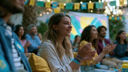 Obraz premium Diverse football fans clapping at outdoor courtyard watch party with green and yellow decor
