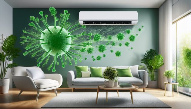 a living room air conditioner with advanced bacteria clearing technology fresh air quality symbolizes the removal of green bacteria with the airflow from the ac