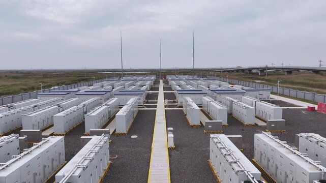 Large outdoor energy storage power station equipment array with rows of battery modules