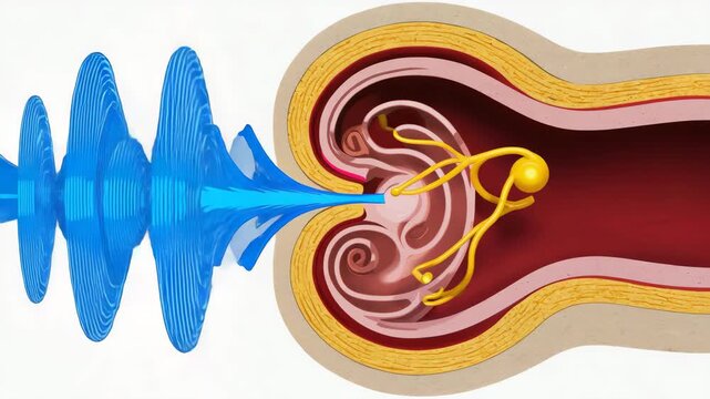 3D illustration of human ear anatomy with sound waves, hearing and auditory system concept