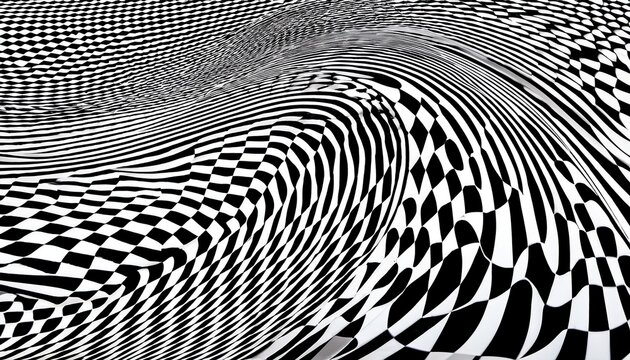abstract black and white checkered background with wavy distorted surface creating 3d optical illusion effect