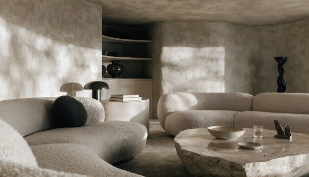 Wabi-sabi aesthetic living room interior with textured plaster walls organic curved boucle sofas raw stone coffee table unique decorative objects soft shadows and minimalist moody luxury design atmosp