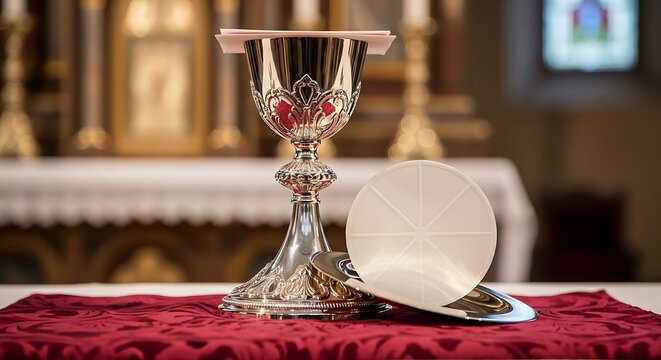 Shiny gold and silver chalice with communion wafer on red cloth in a church