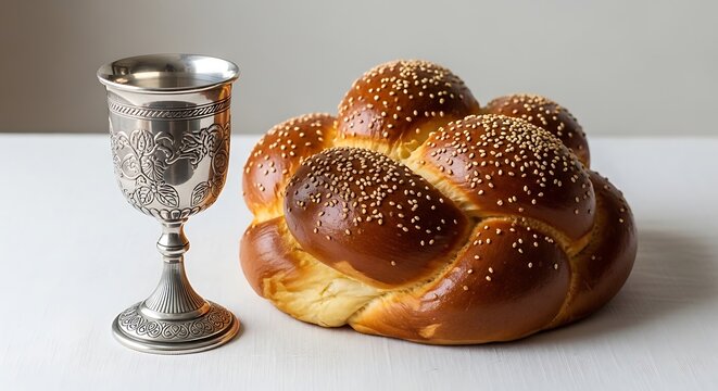 Fresh braided challah bread loaf with a decorative silver kiddush cup for Jewish Sabbath dinner