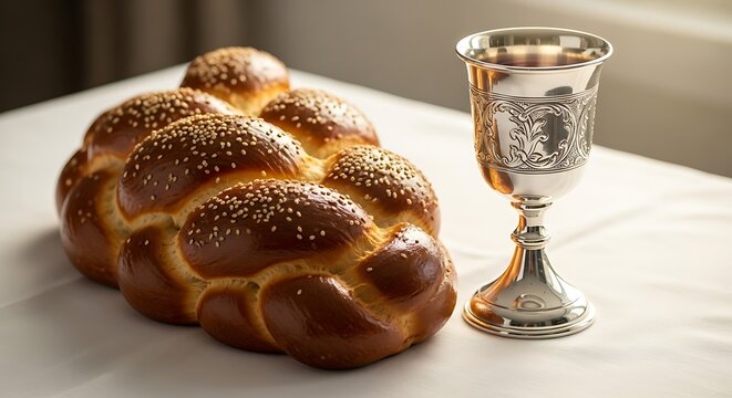 Fresh braided challah bread loaf and a silver kiddush cup for Jewish Sabbath dinner