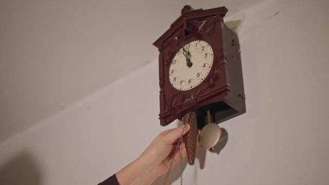 White homeowner winds cuckoo clock weights and adjusts chains, focused hand movement against neutral wall, tactile wood texture and soft ambient light emphasize practical care and rhythm