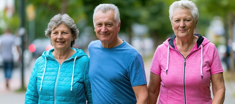Senior adults walking outdoors promoting healthy lifestyle and wellness
