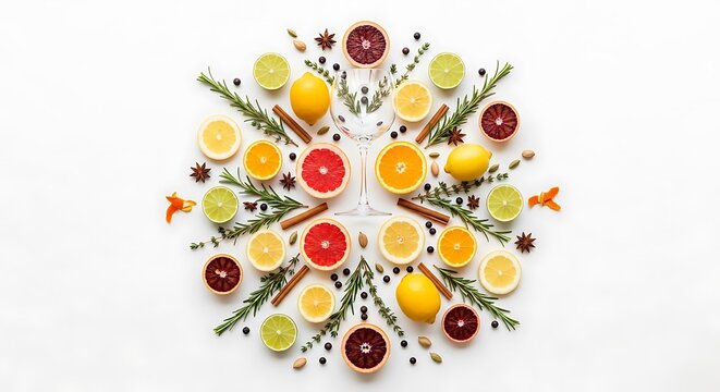Circular mandala pattern made of fresh citrus fruit slices like orange lemon lime grapefruit with rosemary herbs and spices