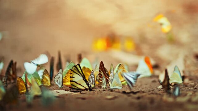 Group of colorful butterflies eating minerals on ground in summer forest, beautiful swarm of insects on soil in national park, wildlife nature background, biodiversity ecosystem and environment.