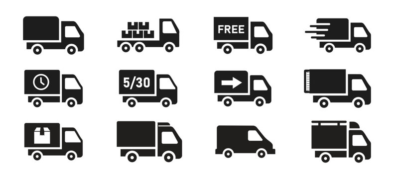 Fast shipping delivery truck with packages icon set. Free shipping, express delivery. Collection of delivery service icon for app and website. Vector illustration
