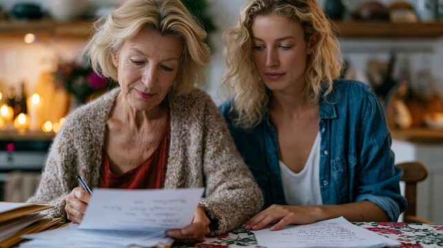 Aging founder reviewing handwritten succession documents with a younger family member at a modest kitchen table, candlelit atmosphere softening the weight of transferring decades of business ownersh