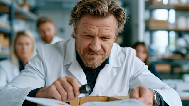 Brand manager carefully unboxing the first production sample of a new consumer product in a sunlit product development lab, inspecting seams and label alignment with a magnifying loupe, team members