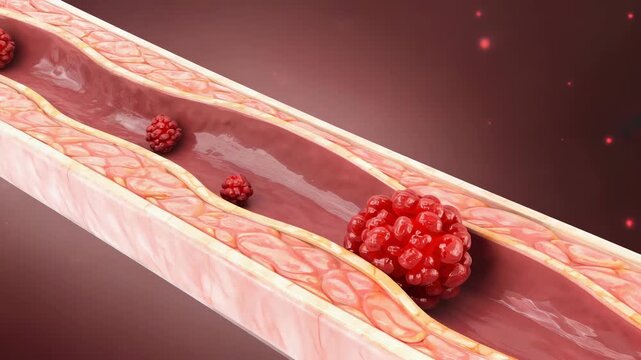 3D illustration of blood clots in artery, thrombosis and cardiovascular blockage concept
