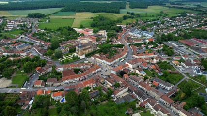 Obraz premium Panoramic aerial view around the old town of the city La Porte du Der in France on a sunny spring day
