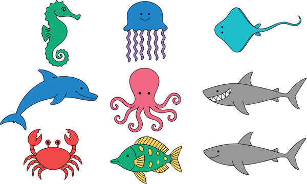 Nine cute cartoon sea creatures including sharks, octopus, and dolphin for aquatic themes