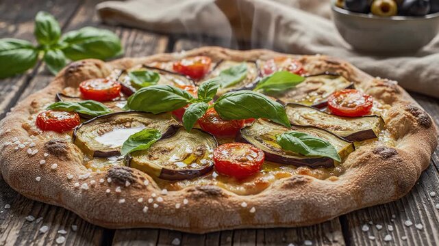 Pizza topped with fresh tomatoes, basil, and cheese sits on wooden table. Ingredients arranged in colorful pattern. Concept of food service, restaurants, catering