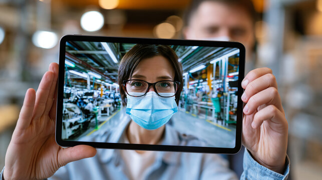 Supply chain compliance officer interviewing a garment factory floor supervisor through a video call on a tablet, factory floor visible on screen behind the supervisor, the ethics of sourcing accoun