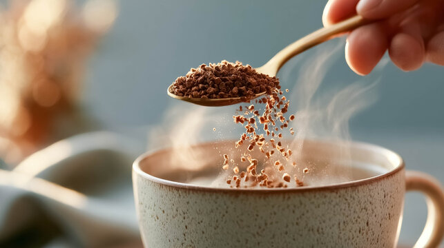 Close-up of a hand adding brown instant coffee granules from a spoon into a ceramic mug, international coffee day, 