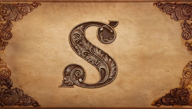 vintage western style letter s with elaborate floral scrolls on aged paper background
