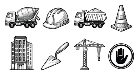 Construction site cement mixer, hard hat, dump truck, cone, building, trowel, crane, stop sign © Hintsync