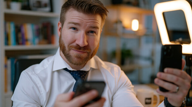 Independent consultant photographing their own home office setup for a virtual client tour, ring light casting professional warmth over a neat bookshelf and branded mug, the hustle of self-presentat