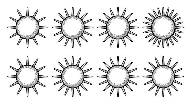 Eight stylized sun in a grid pattern