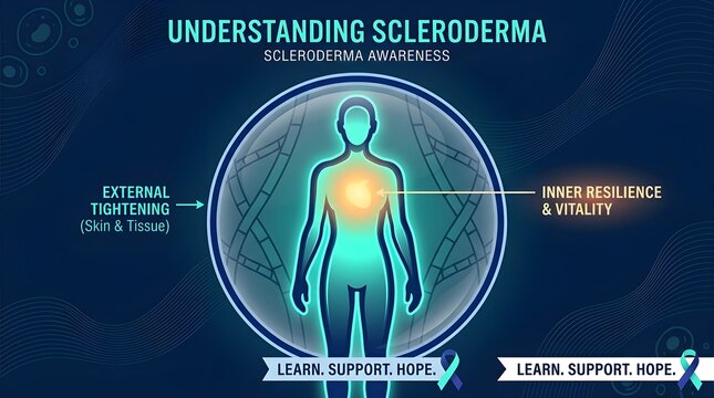 Scleroderma Awareness Illustration of Glowing Human Silhouette Enclosed in Protective Shield with Tightening Outer Layer and Warm Inner Core &ndash; Healthcare Concept Design
