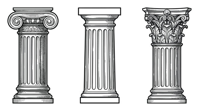 Three classical architectural columns: ionic, doric, and corinthian styles