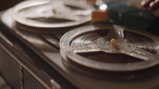 Reel ready setup. Prepared reel with gentle illumination. Reel arranged on hub for initial testing purposes. Analog audio session conducted with soft lighting and silent background noise