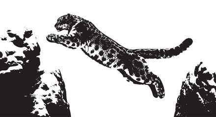 Black and white leopard jumping, spotted animal illustration, wildlife graphic, monochrome design element © Uttom Kumar