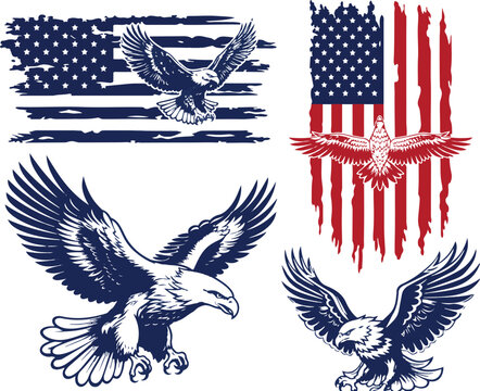 Patriotic American bald eagle vector set, distressed USA flag with soaring eagle illustrations, vintage red white and blue fourth of july graphics, 4 military style bird of prey icons