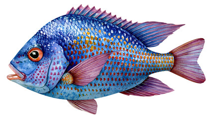 Fototapeta premium Watercolor blue cichlid fish swimming, isolated on transparent background, png