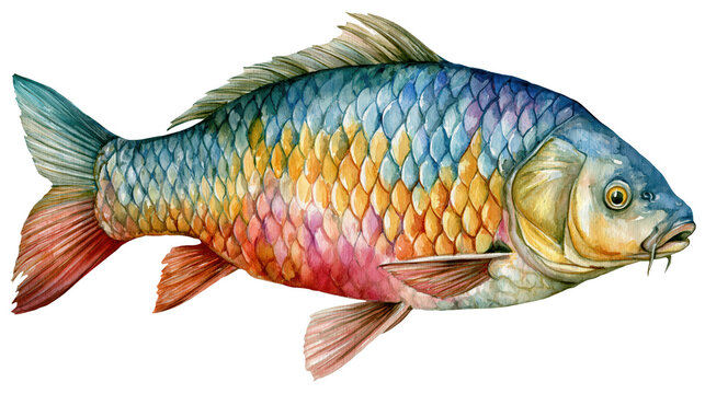 Watercolor carp fish profile illustration, isolated on transparent background, png