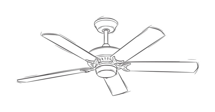 Of a five bladed ceiling fan with dark gray lines outline blades