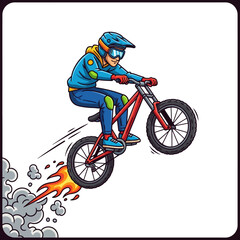 Naklejka premium Cartoon BMX rider performing a jump, futuristic illustration, white background.