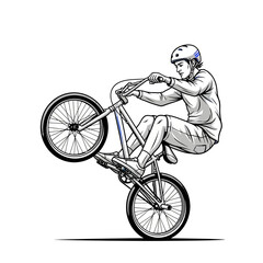 Naklejka premium Bicycle stunt rider performing wheelie, black and white illustration
