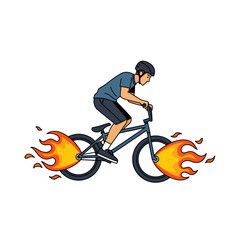 Naklejka premium Bicyclist on Flame Trail: Cartoon BMX Bike Rider Illustration