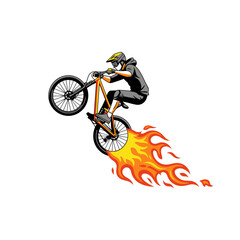 Fototapeta premium Bike rider doing a wheelie with fire, sport and action isolated