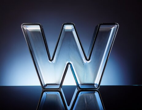 a highly reflective glass letter w stands prominently on a sleek surface illuminated by soft light from the side against a dark gradient background viewed from a slight angle