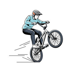 Naklejka premium Bmx rider performing a wheelie trick vector illustration on white background