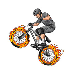 Naklejka premium bmx rider performing stunt with fiery wheels, vector illustration