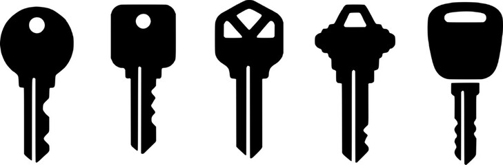 Five assorted black keys on a white background, representing security, access, and various locking mechanisms. © SarfarazAhmed