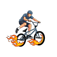 Naklejka premium BMX Rider Performing Stunt with Fire Effects - Isolated